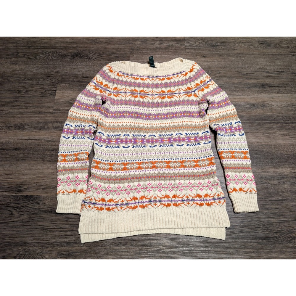 Lauren Ralph Lauren Fair Isle Boat Neck Sweater Womens M Cream Multicolor Nordic